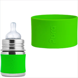 Pura Kiki Slow-Flow 150ml Stainless Steel Bottle in Natural with Green Sleeve
